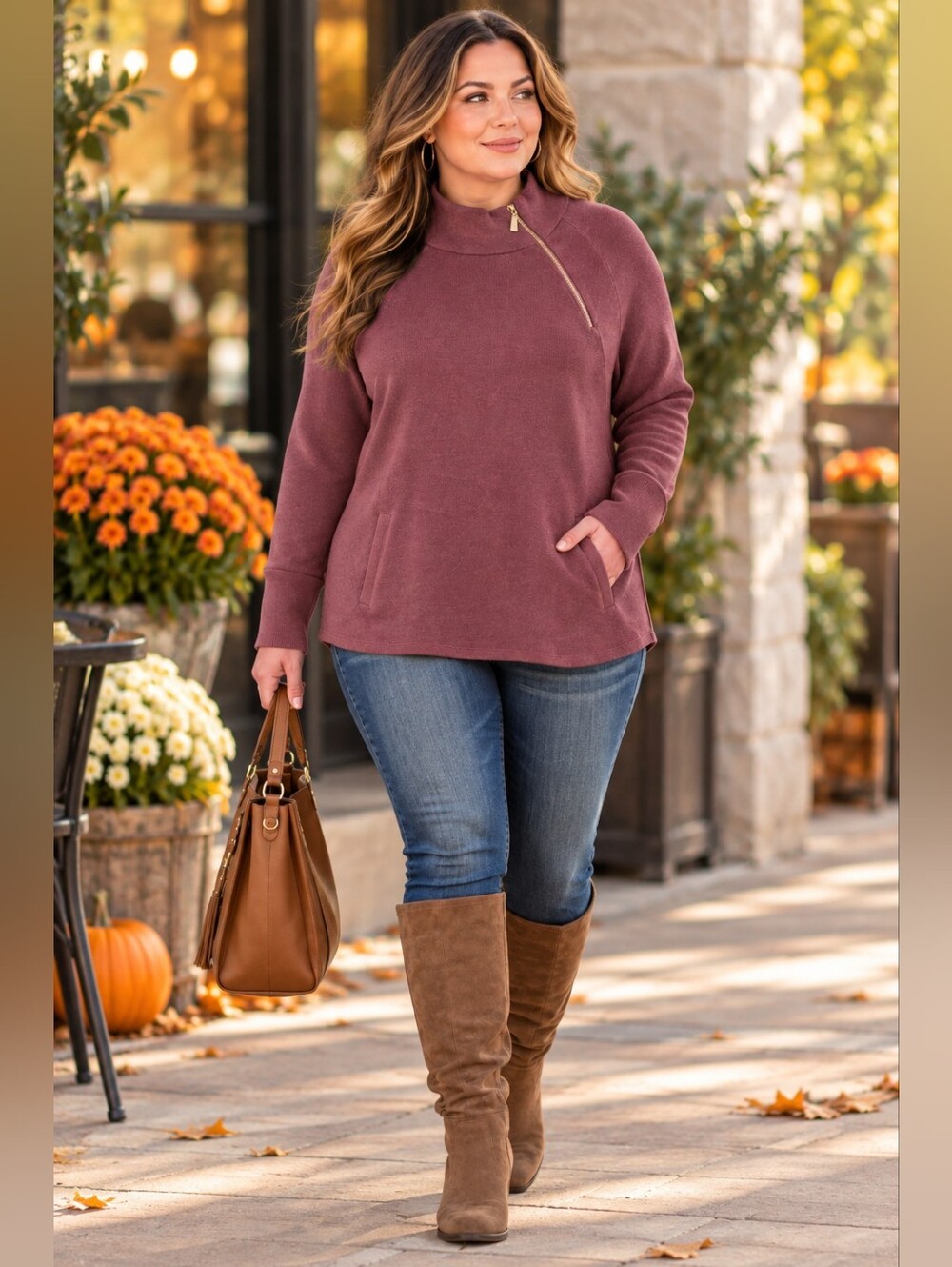 TAHARI Women’s Asymmetrical Zip Mock Neck Sweater Tunic Mauve Chic Preppy